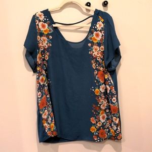 Torrid blue/floral knit/chiffon top